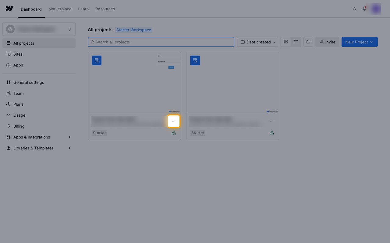The All projects page with the three-dot Site settings button on a site card highlighted