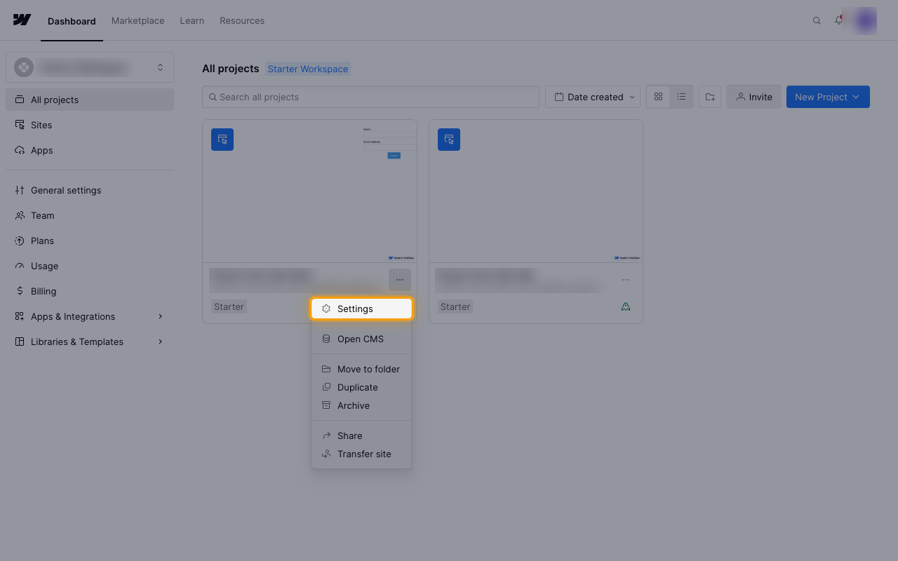 The site card menu open with the Settings item highlighted