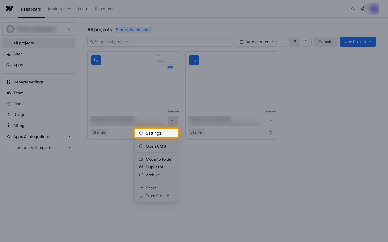 The site card menu open with the Settings item highlighted