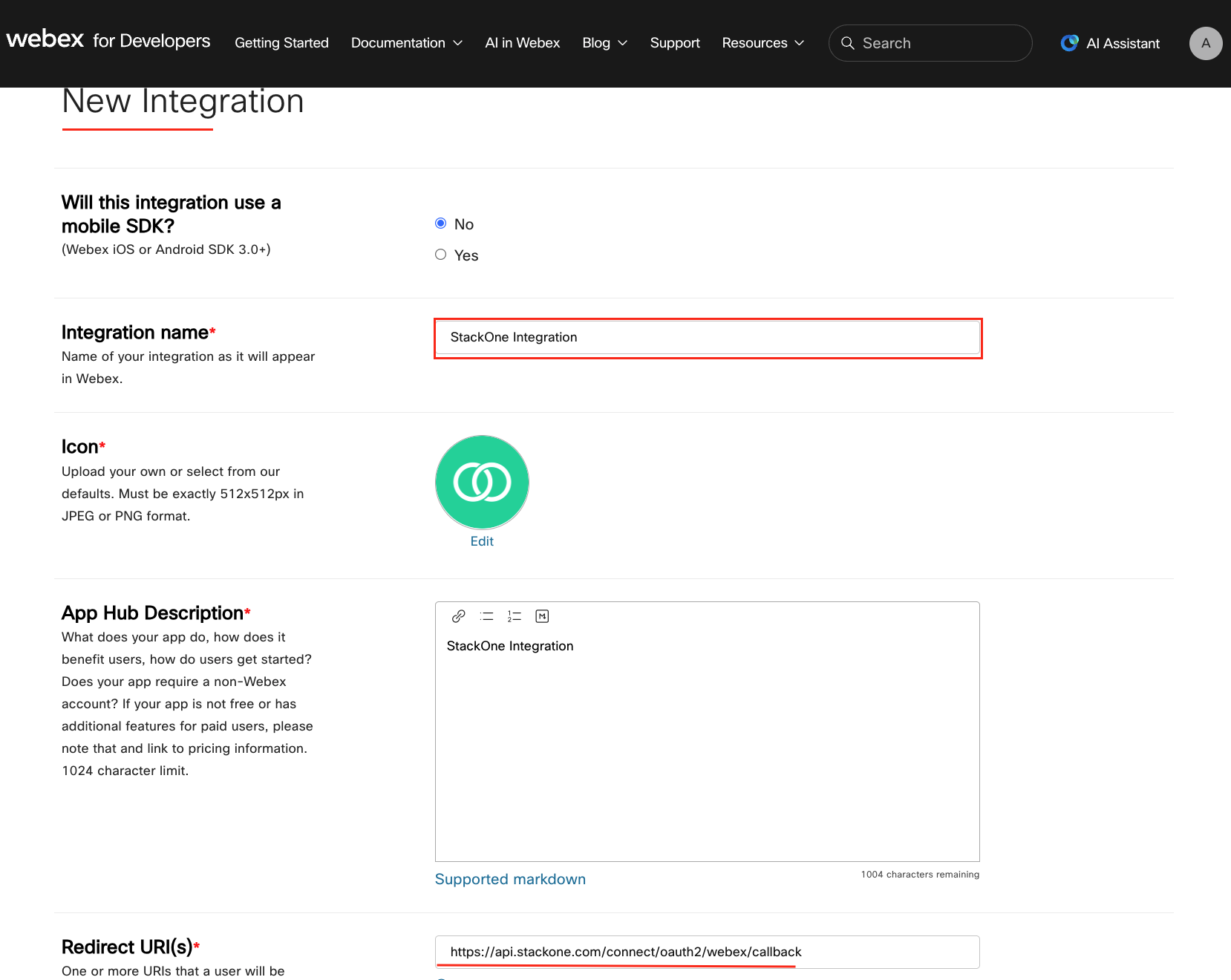 New Integration form with fields for Integration Name, Icon, App Hub Description, Redirect URIs, and Scopes