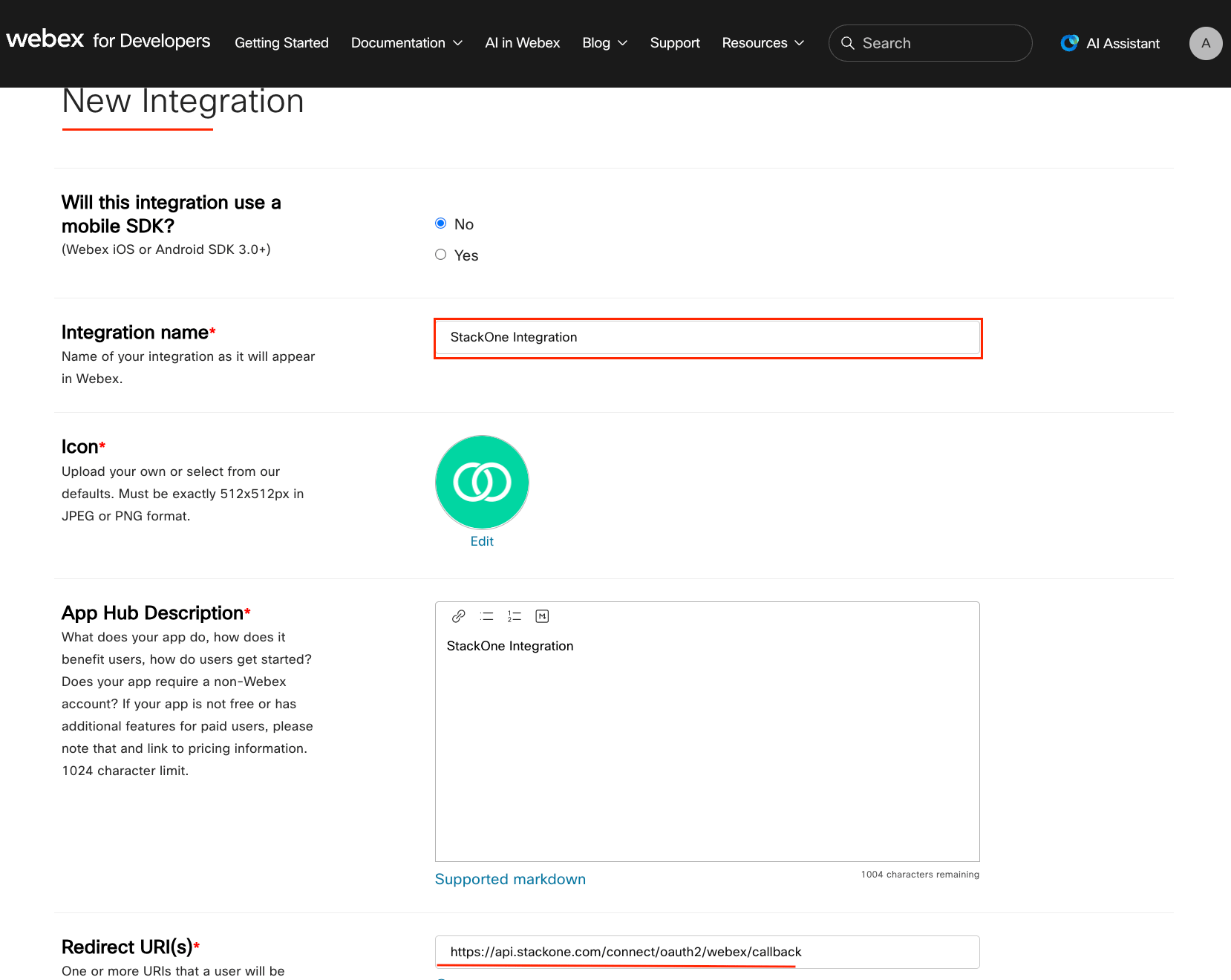 New Integration form with fields for Integration Name, Icon, App Hub Description, Redirect URIs, and Scopes