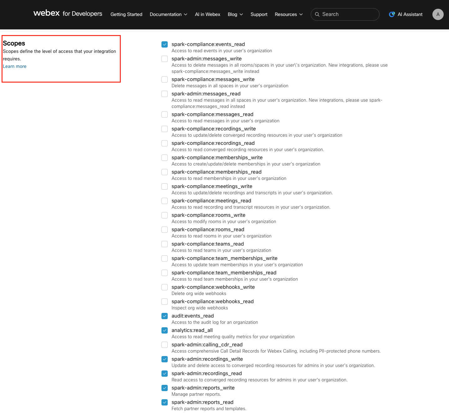 Scopes selection page showing available scopes with checkboxes
