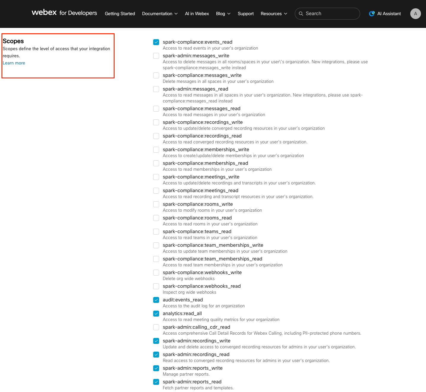 Scopes selection page showing available scopes with checkboxes