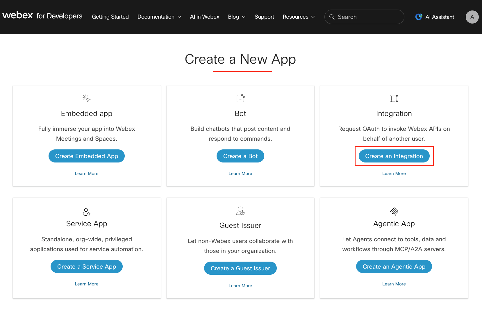 Create a New App page showing Embedded app, Bot, and Integration options