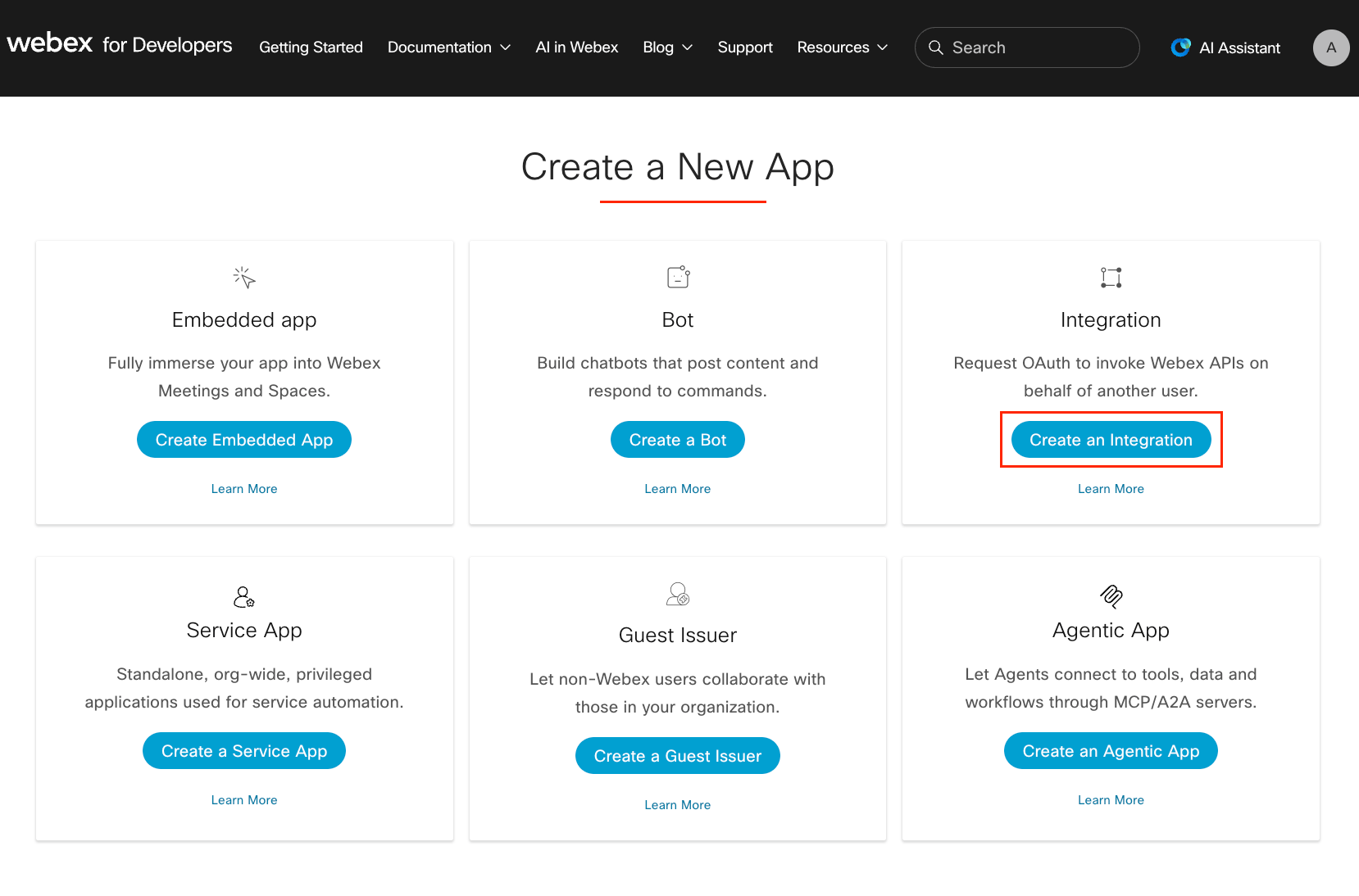 Create a New App page showing Embedded app, Bot, and Integration options