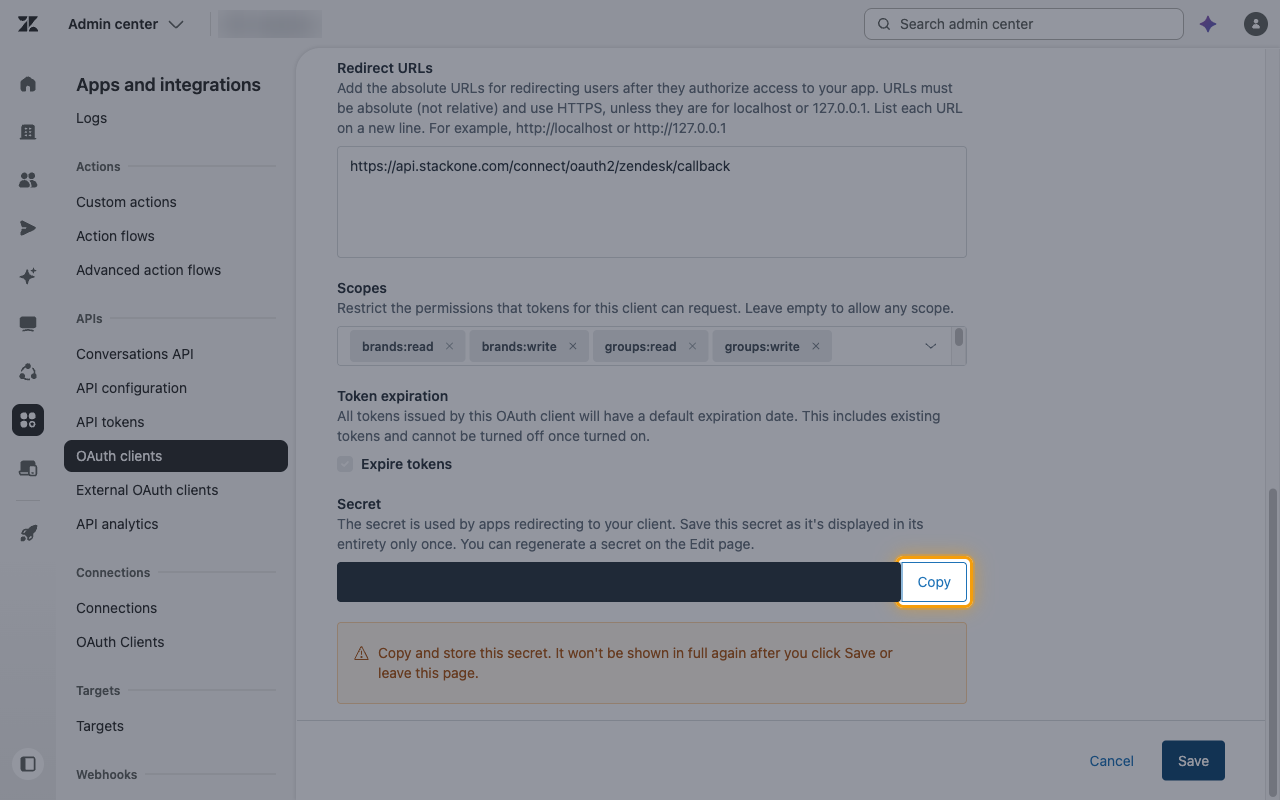 The generated Secret with the Copy button highlighted and the secret value masked