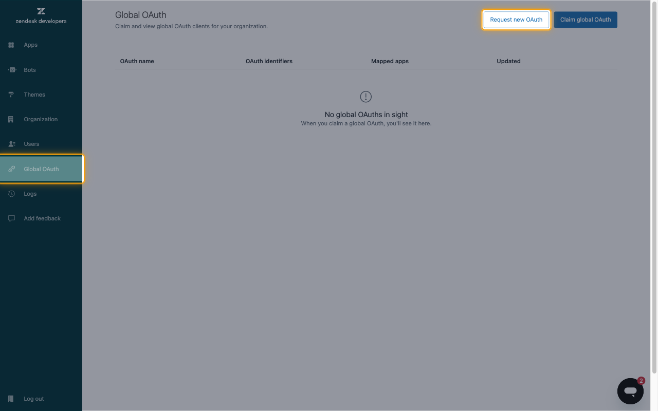 The Global OAuth page with the Request new OAuth button highlighted