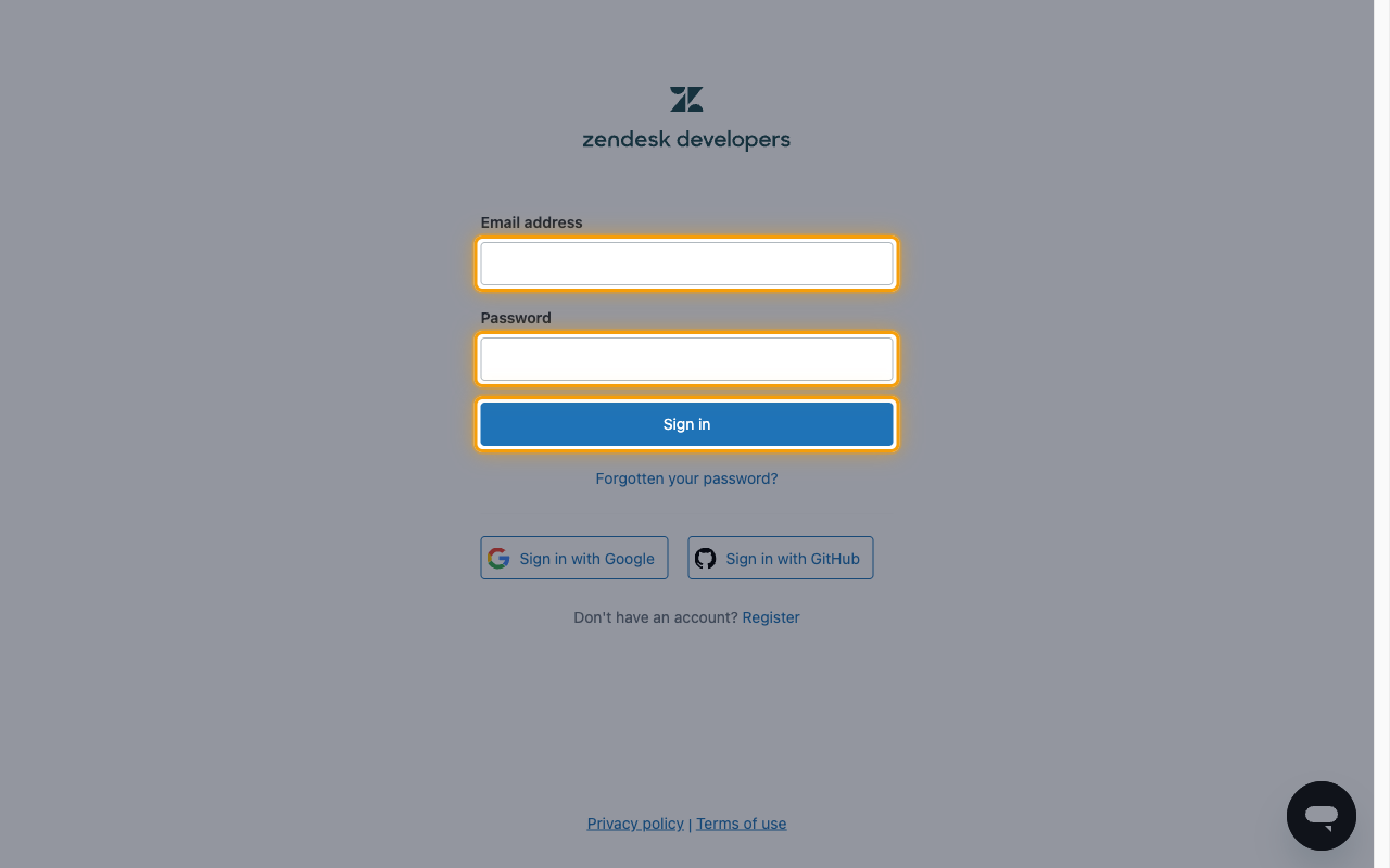 The Zendesk Marketplace Portal sign-in page with the email, password, and Sign in button highlighted