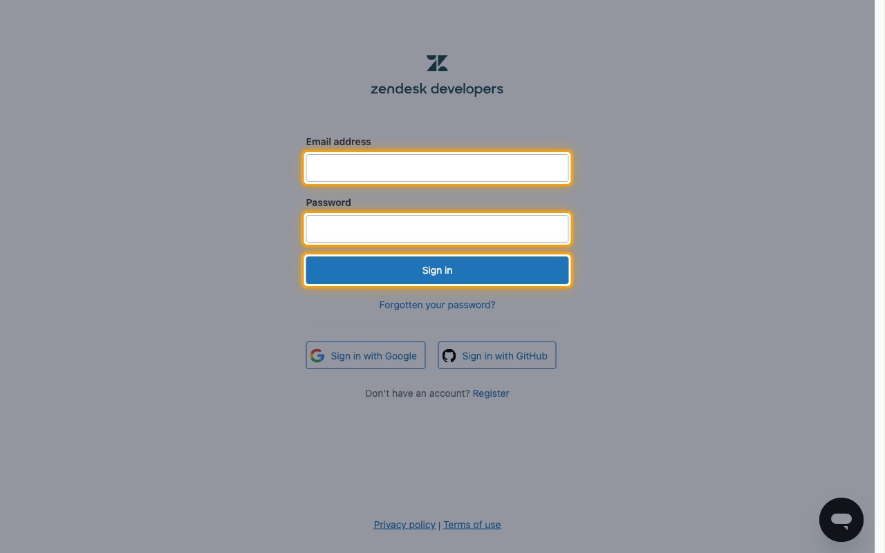 The Zendesk Marketplace Portal sign-in page with the email, password, and Sign in button highlighted