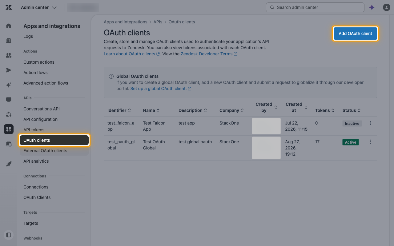 The OAuth clients page with the Add OAuth client button highlighted
