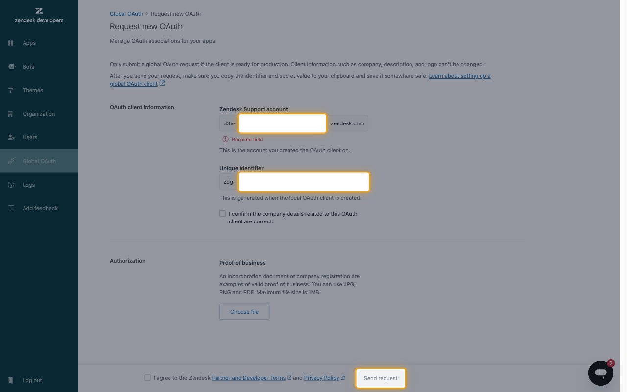 The Request new OAuth form with the account, identifier, and Send request fields highlighted