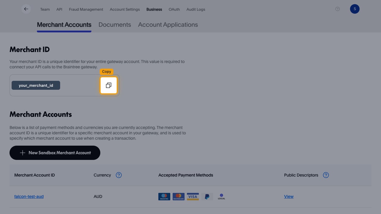 Braintree Business page with the Merchant ID value redacted and the Copy icon next to it highlighted.