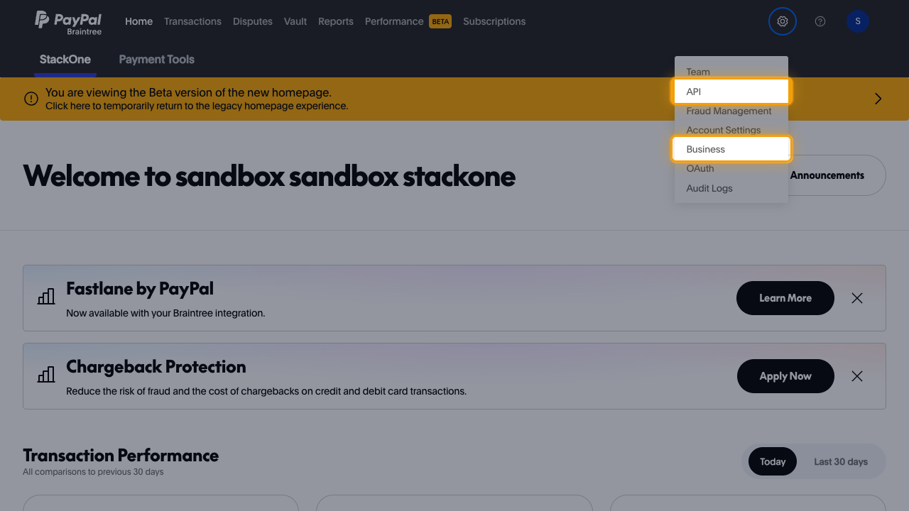 Open Braintree settings menu with the API and Business entries highlighted.