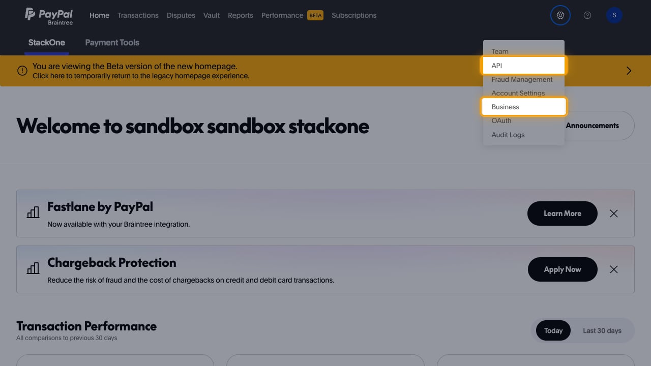 Open Braintree settings menu with the API and Business entries highlighted.
