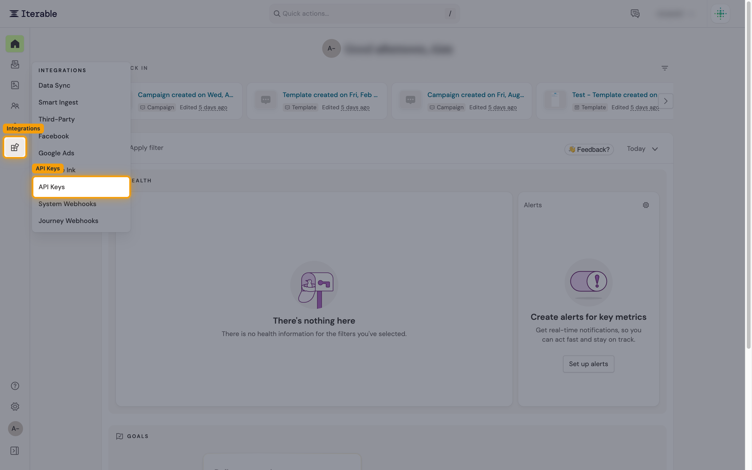Iterable left sidebar with the Integrations section expanded and the API Keys entry highlighted.