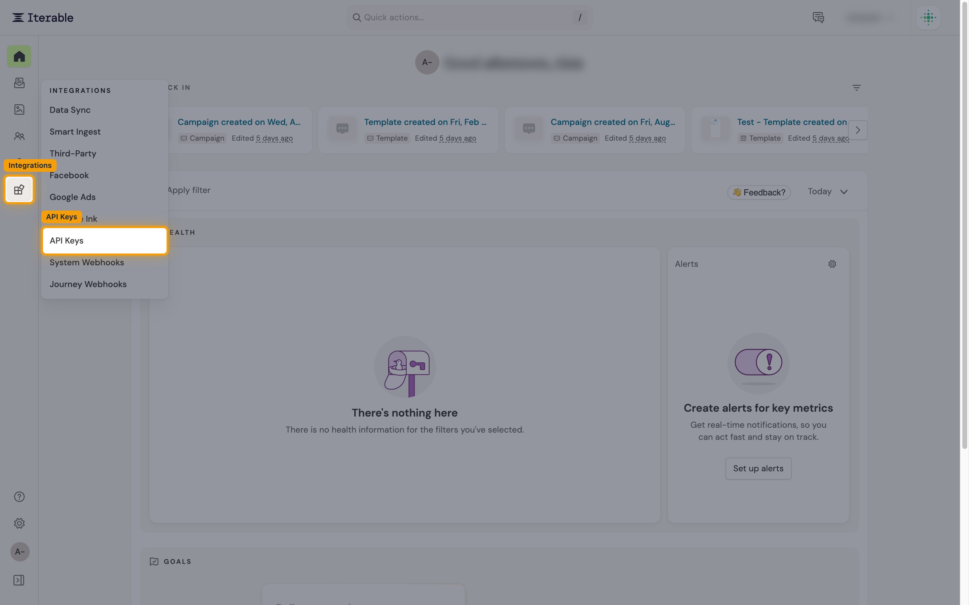 Iterable left sidebar with the Integrations section expanded and the API Keys entry highlighted.