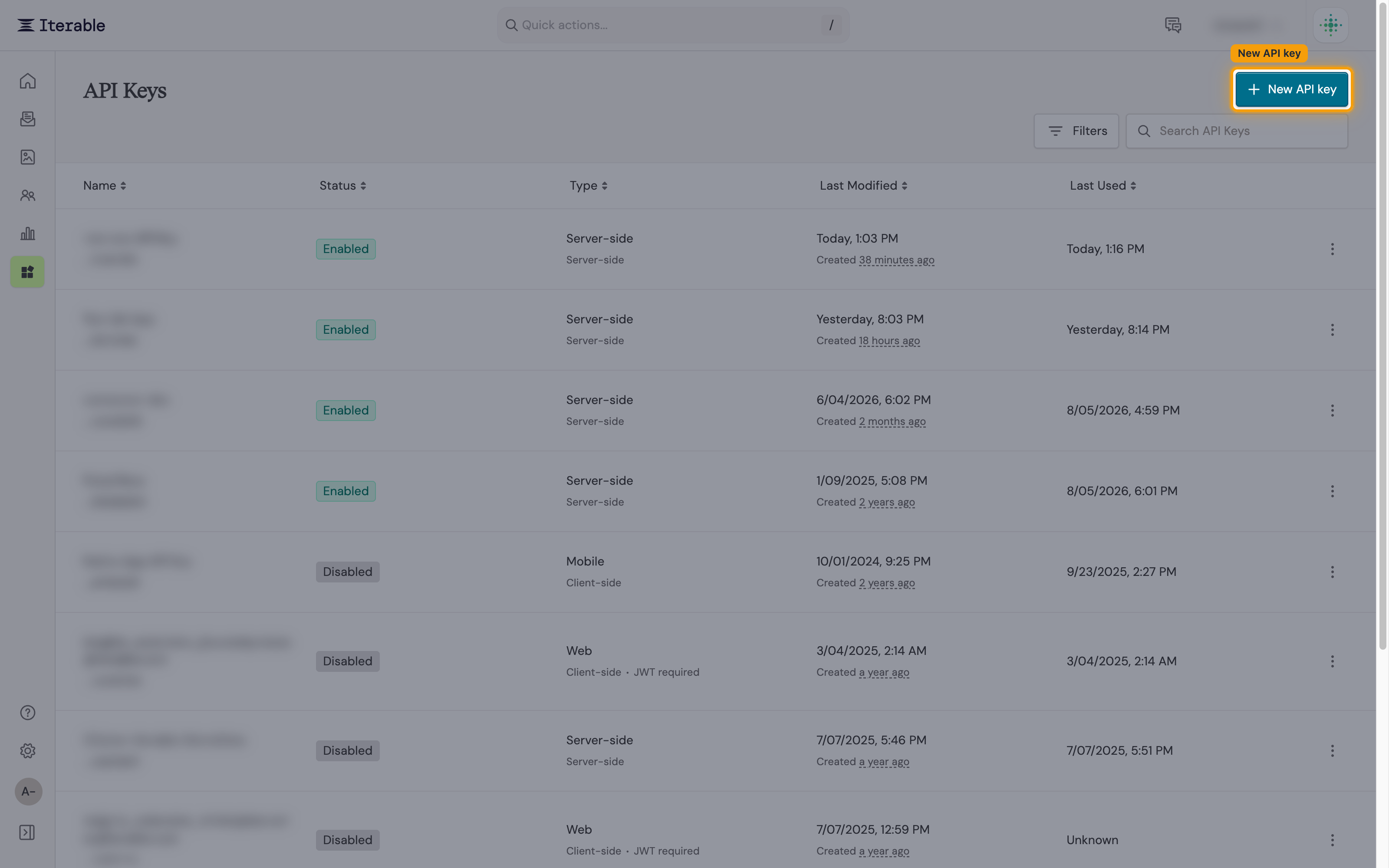 Iterable API Keys page listing the existing keys (names redacted), with the + New API key button in the top right highlighted.