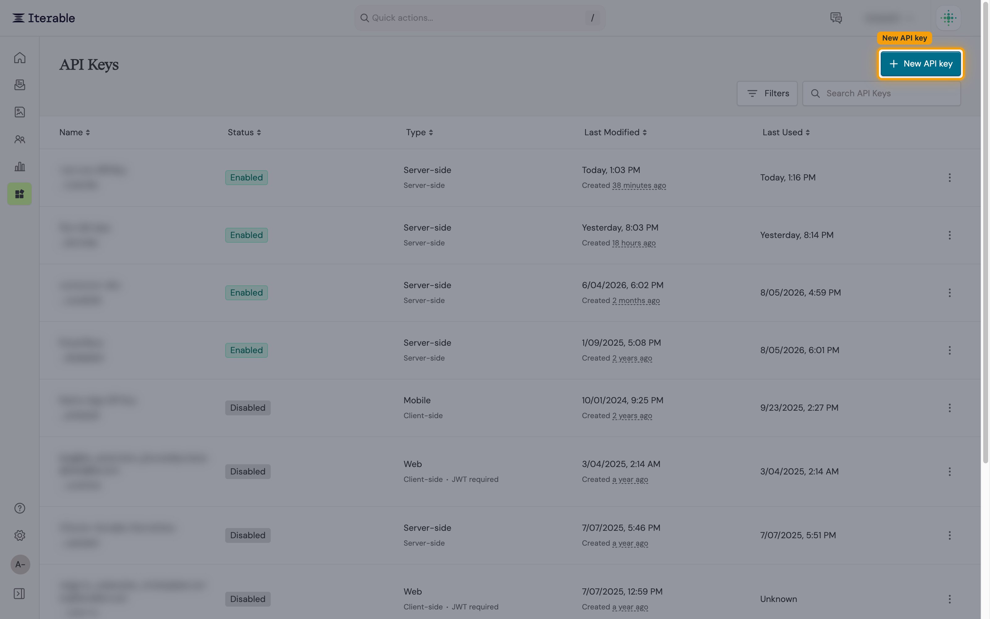 Iterable API Keys page listing the existing keys (names redacted), with the + New API key button in the top right highlighted.