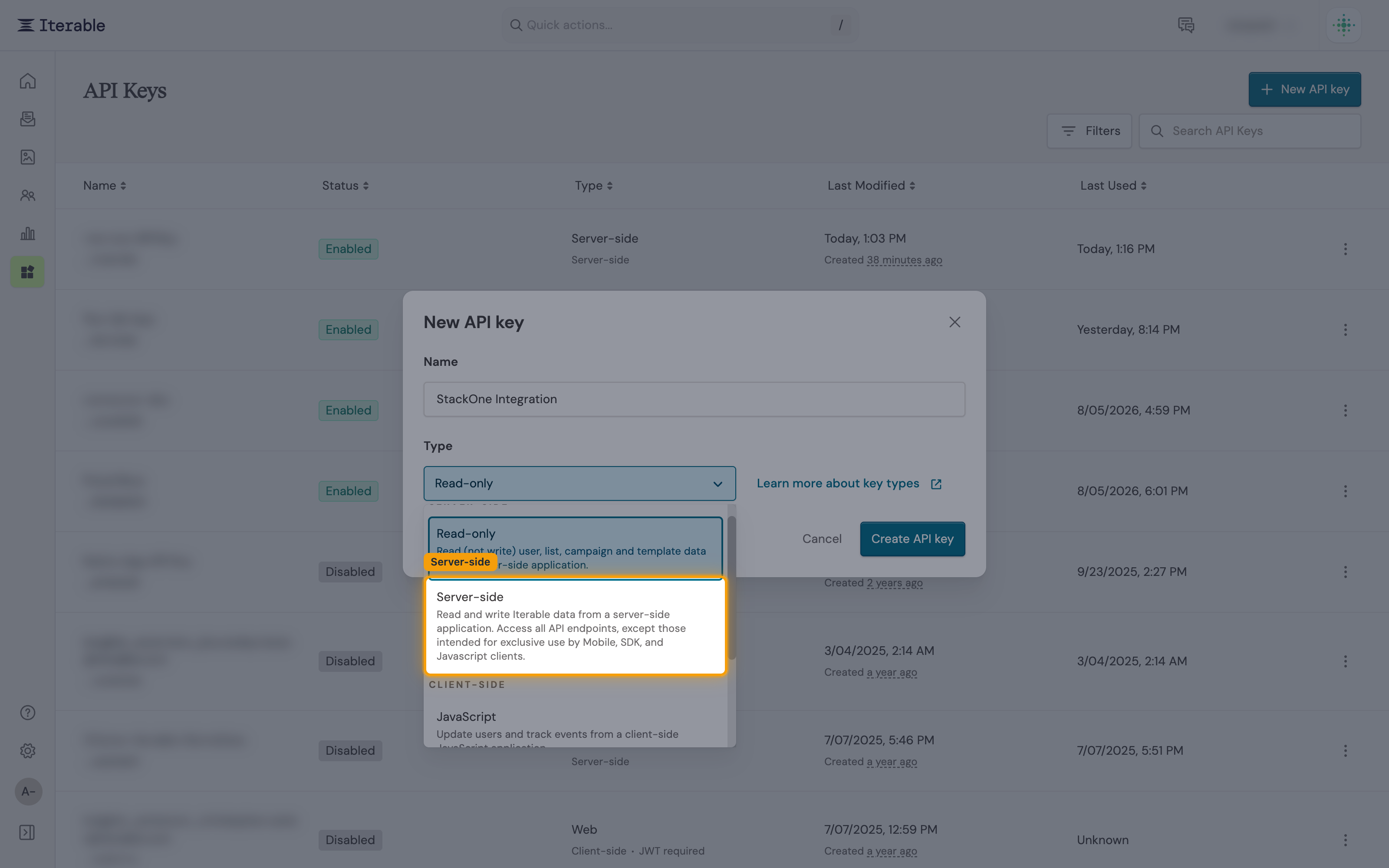 New API key dialog with the Name field filled in and the Type dropdown open, showing the Server-side option under the SERVER-SIDE heading highlighted.