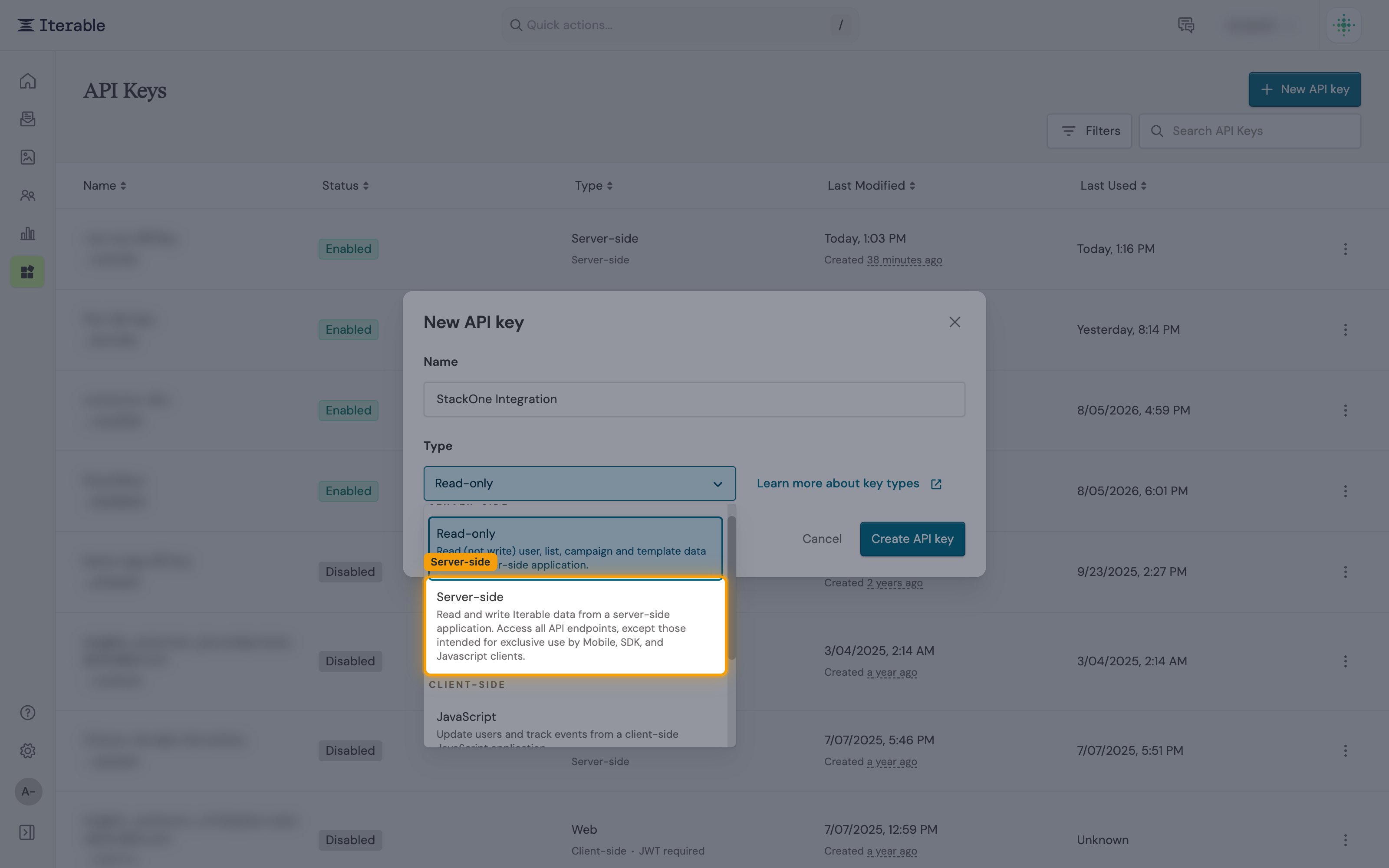 New API key dialog with the Name field filled in and the Type dropdown open, showing the Server-side option under the SERVER-SIDE heading highlighted.