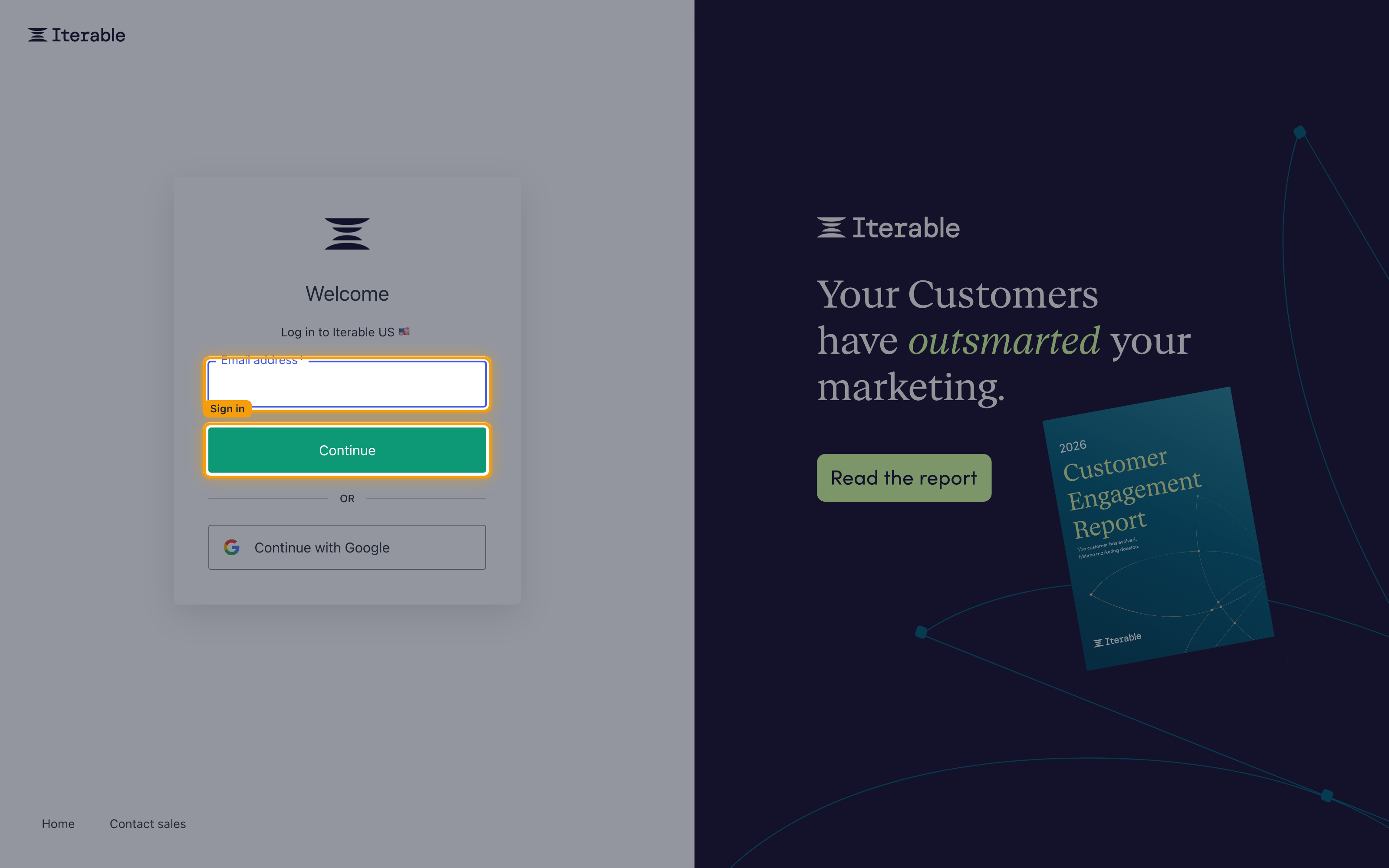 Iterable login page with the Email address field and the Continue button highlighted.
