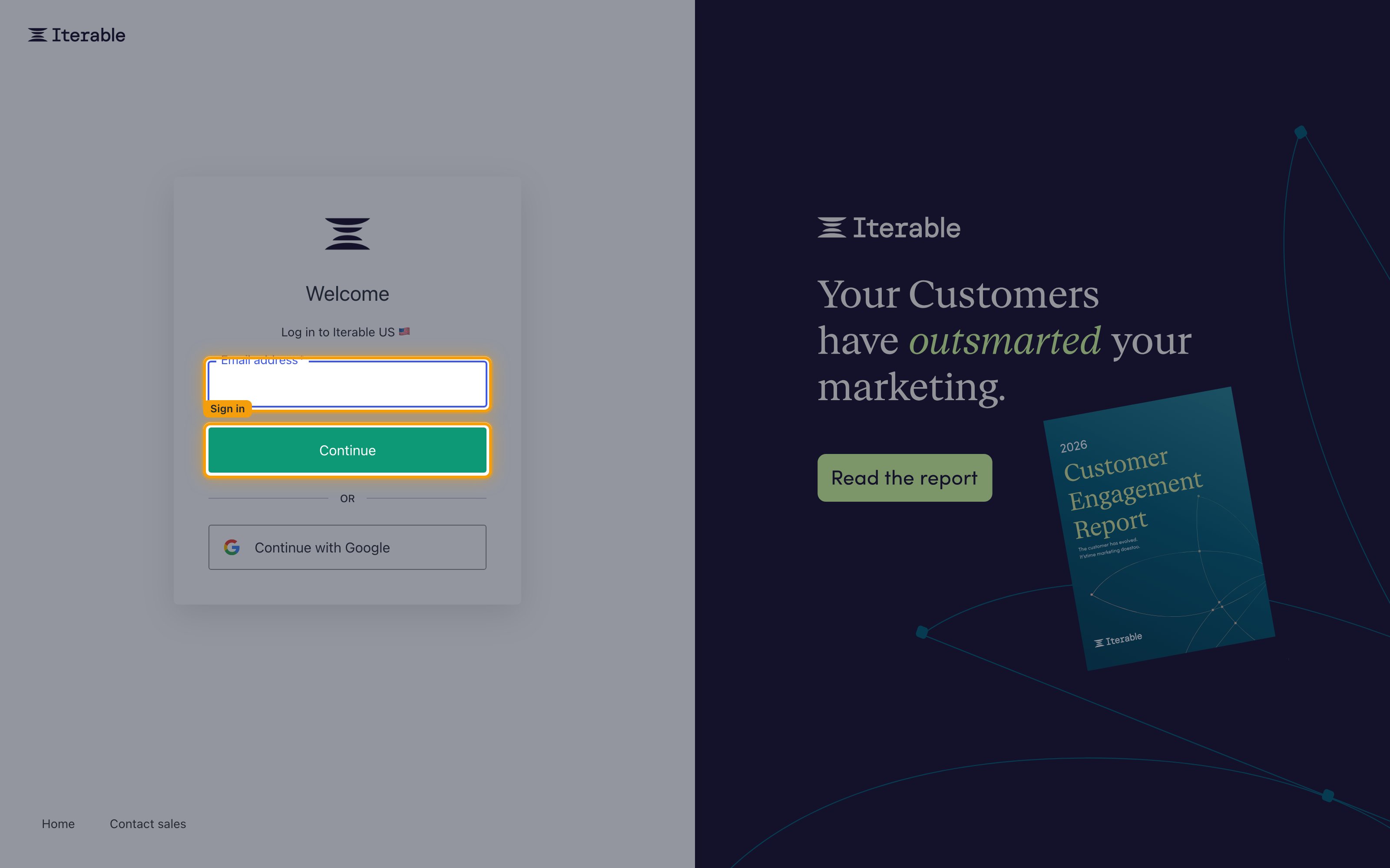 Iterable login page with the Email address field and the Continue button highlighted.