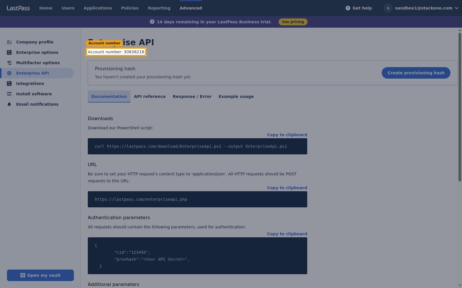 The Enterprise API page with the Account number value highlighted below the Enterprise API heading