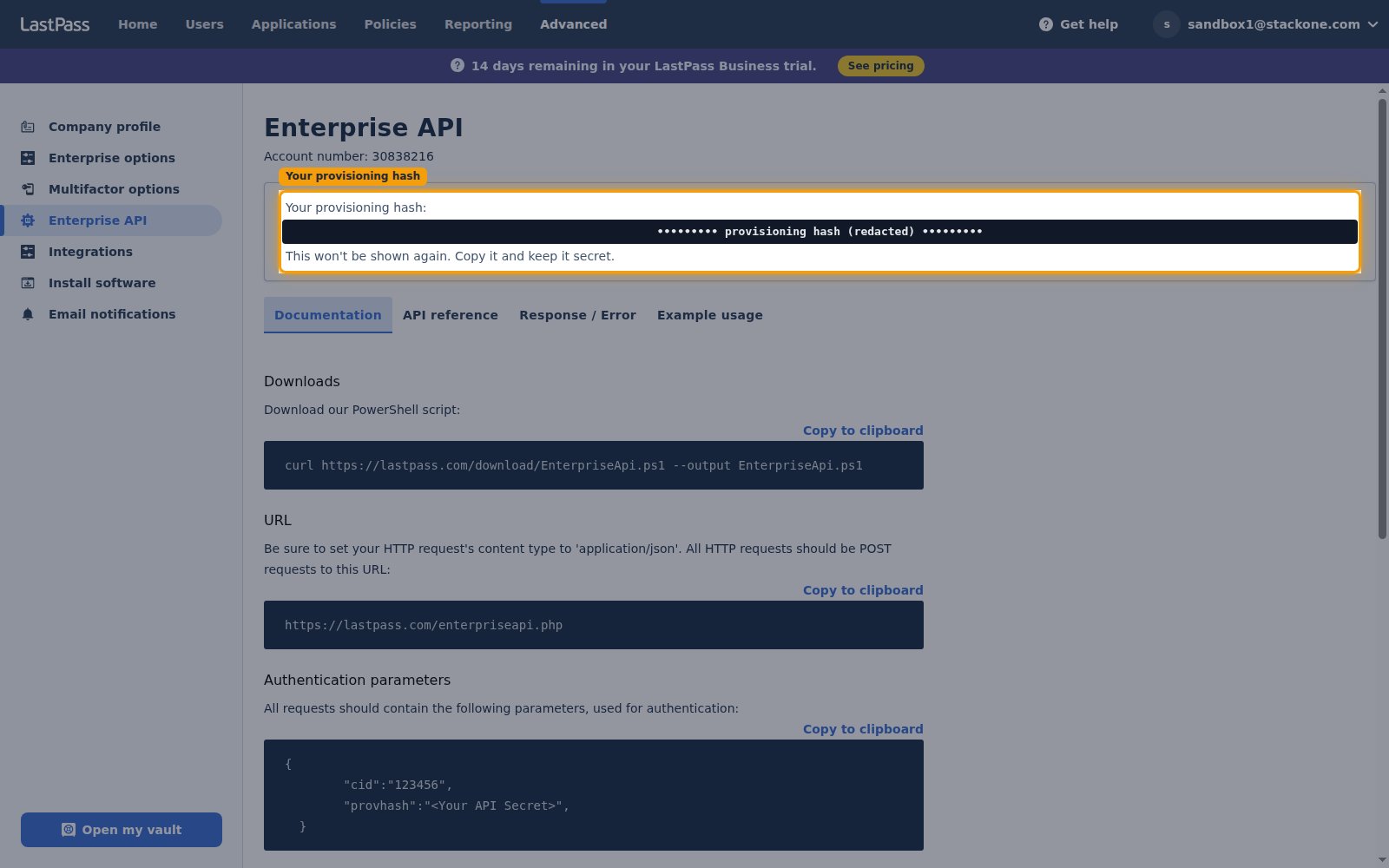 The Enterprise API page showing the generated provisioning hash (value redacted) with the note that it will not be shown again and must be copied and kept secret