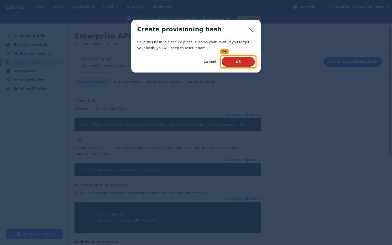The Create provisioning hash confirmation popup in the LastPass Admin Console, showing the save-securely message with the Cancel and Ok buttons and Ok highlighted