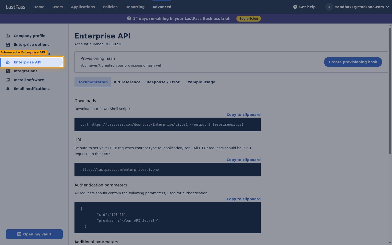 LastPass Admin Console Enterprise API page opened from Advanced in the top navigation and Enterprise API in the left sidebar, showing the Account number and the Create provisioning hash button