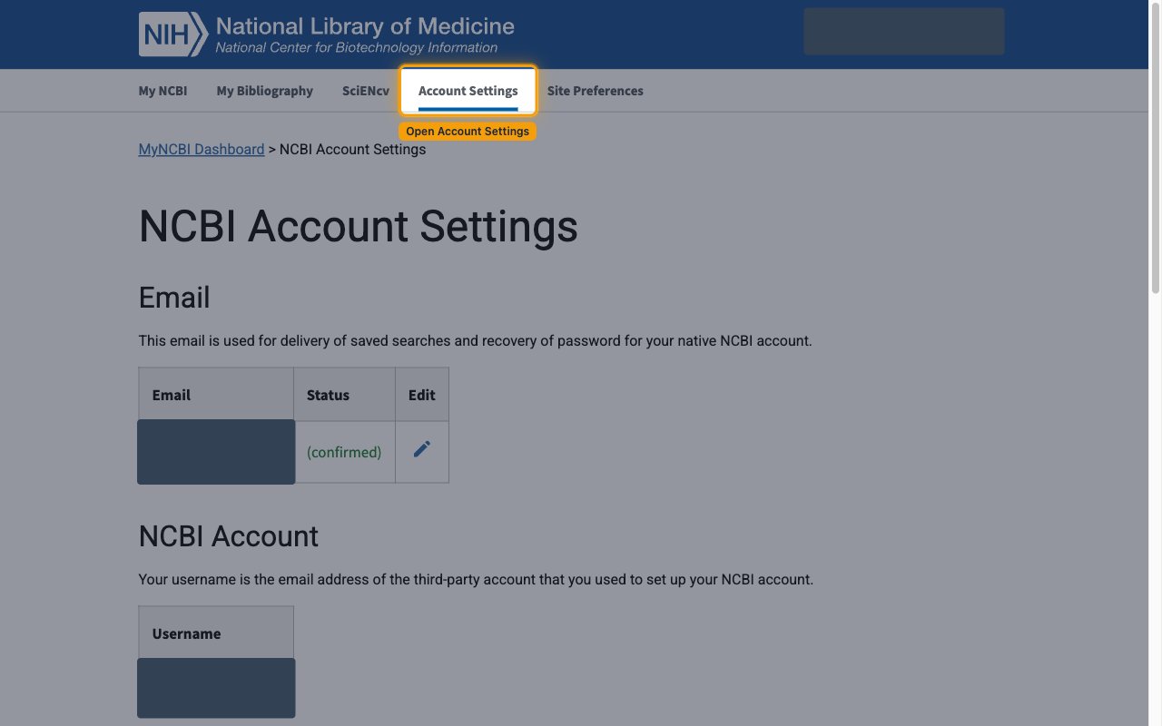 NCBI Account Settings page with the Account Settings navigation item highlighted