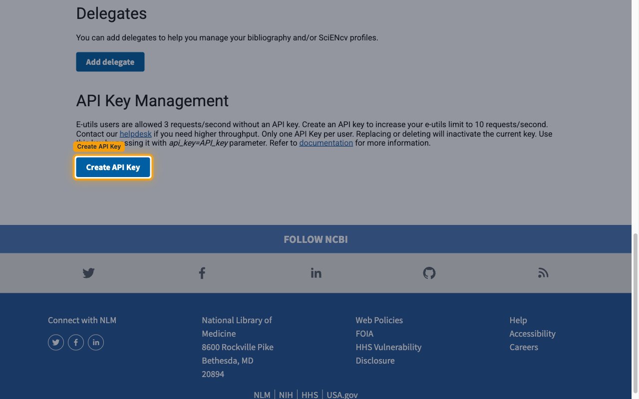 API Key Management section of NCBI Account Settings with the Create API Key button highlighted