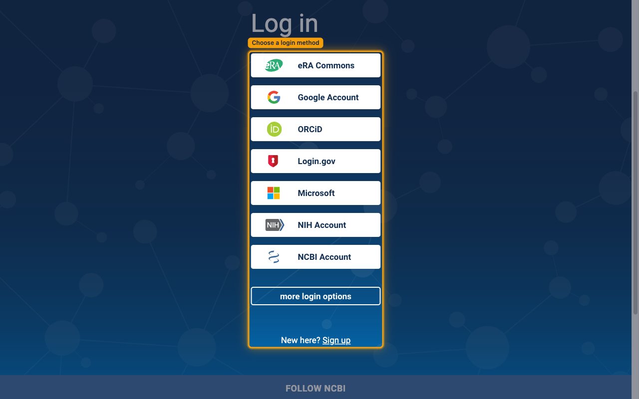 NCBI Log in screen showing the available third-party login methods