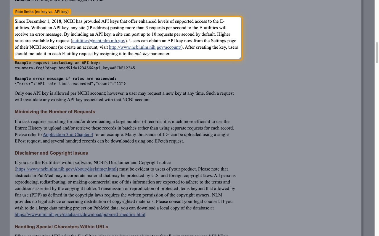 NCBI E-utilities usage guidelines page highlighting the 3 vs 10 requests-per-second rate limits