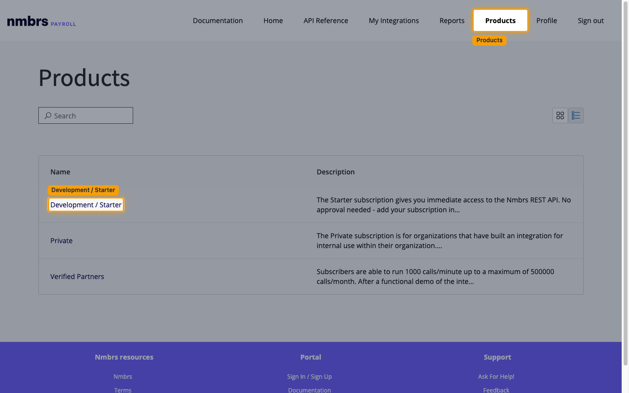 Products page listing the Development / Starter, Private and Verified Partners subscriptions.