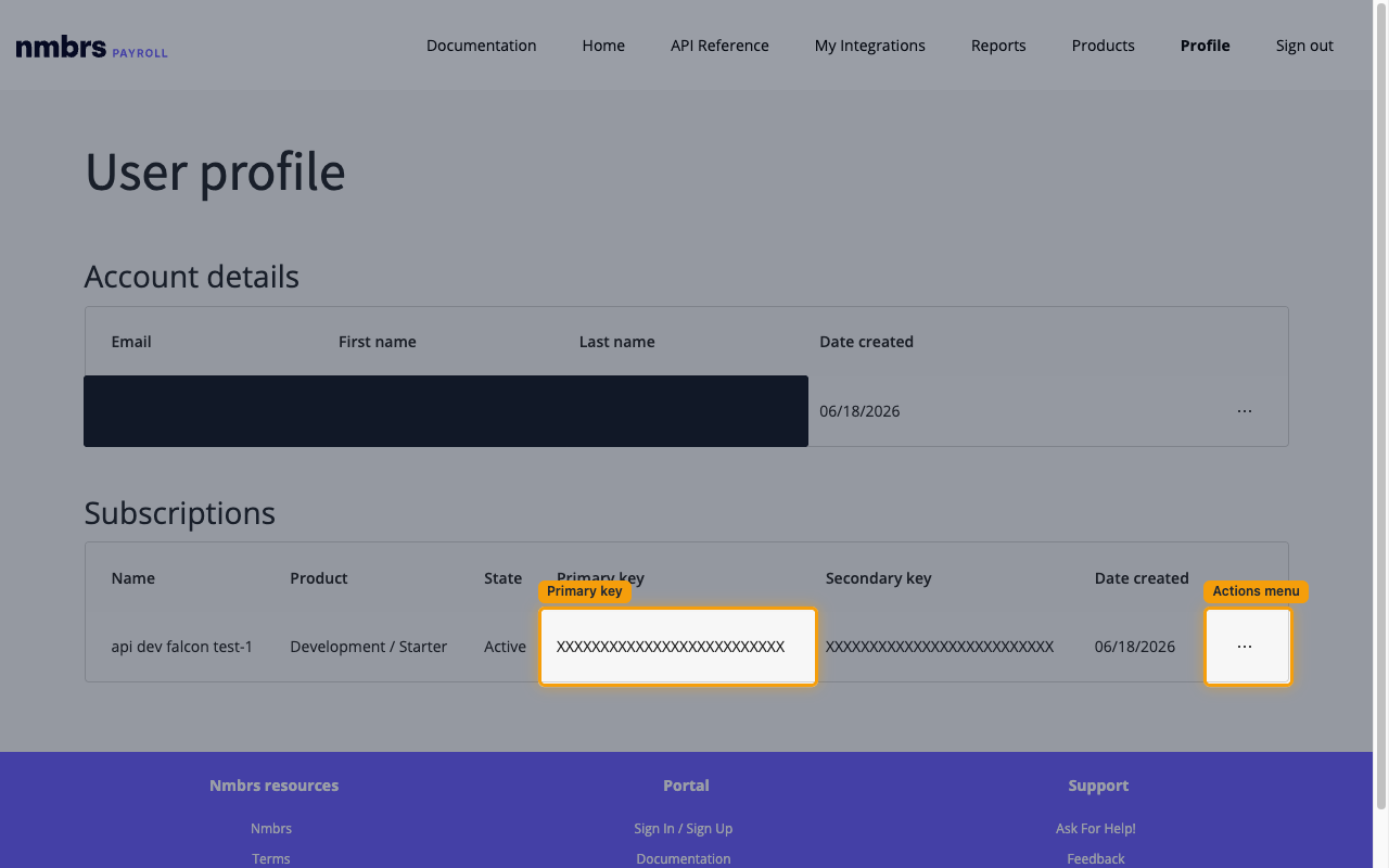 User profile page showing the Subscriptions table with the Primary key and Secondary key columns.