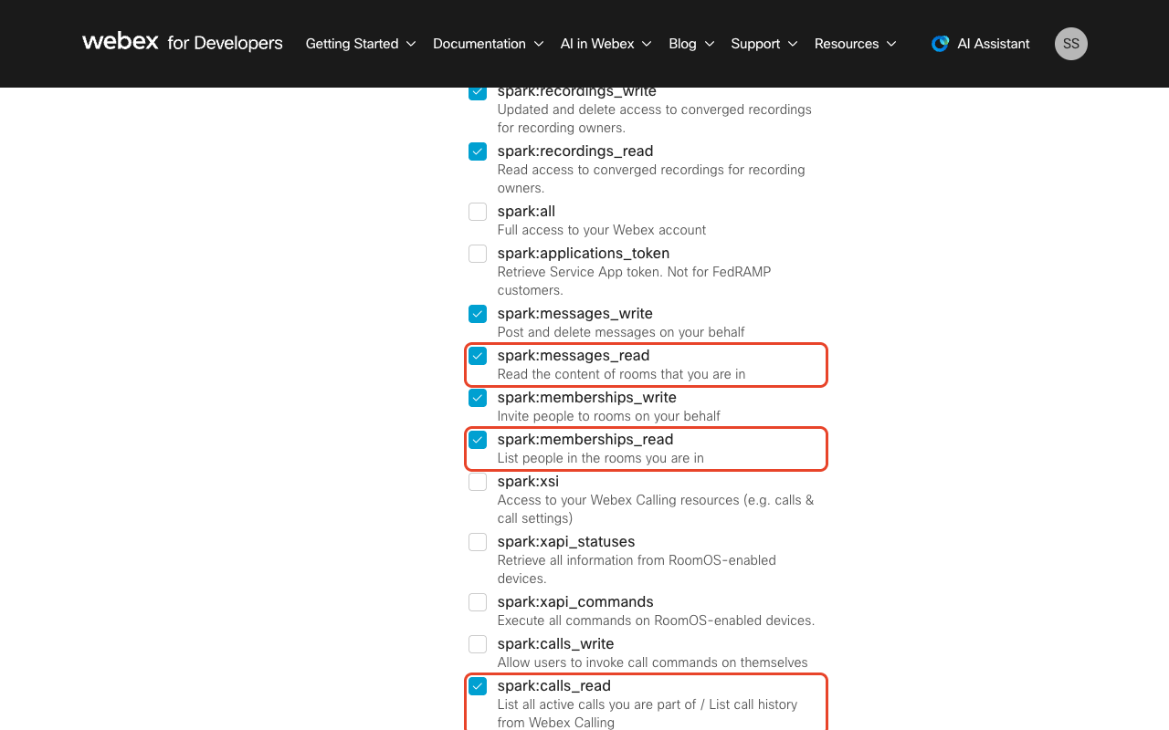 The Scopes list of a Webex integration with the messaging read scopes highlighted