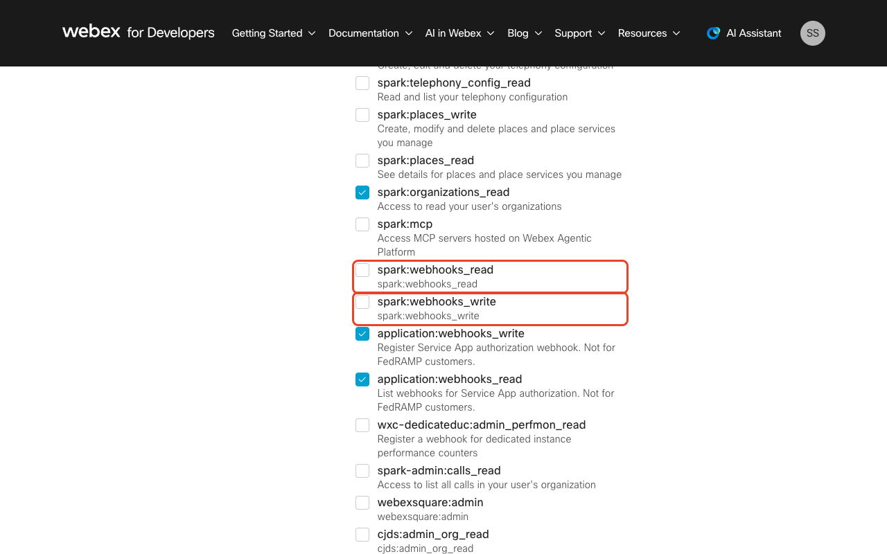 The Scopes list of a Webex integration