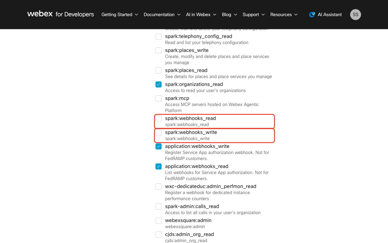 The Scopes list of a Webex integration