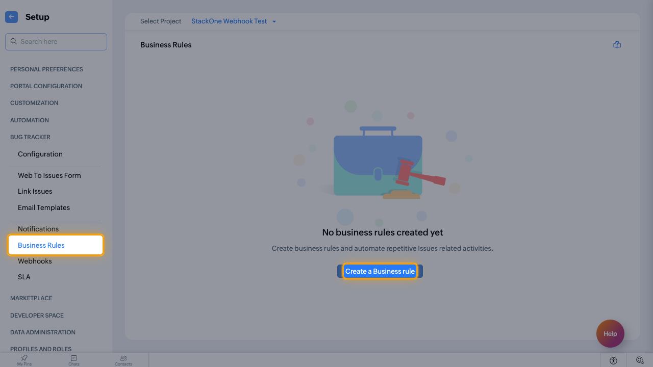The Business Rules page with the Create a Business rule button highlighted
