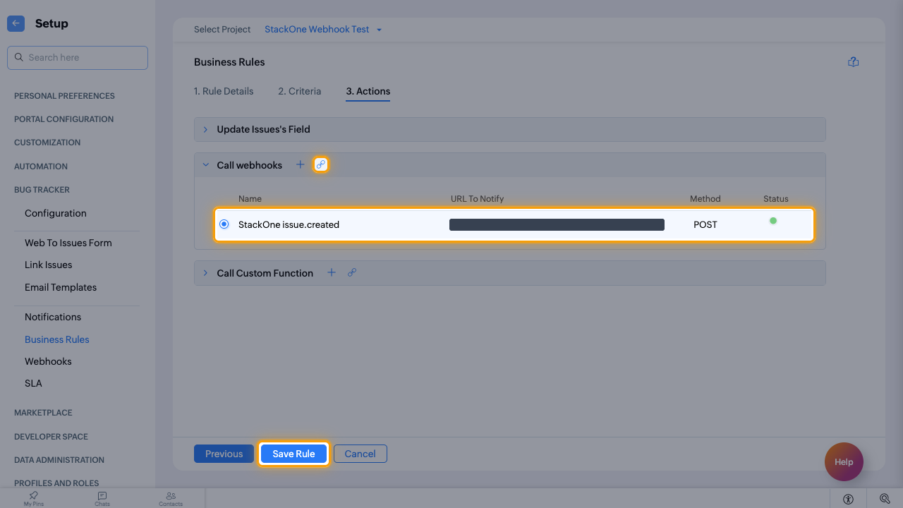 The Call webhooks link icon, the selected webhook and the Save Rule button highlighted