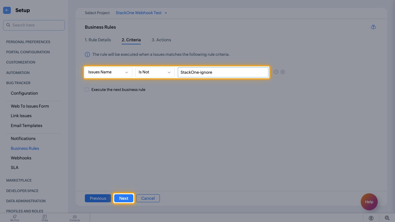 A criteria row of Issues Name Is Not StackOne-ignore and the Next button highlighted