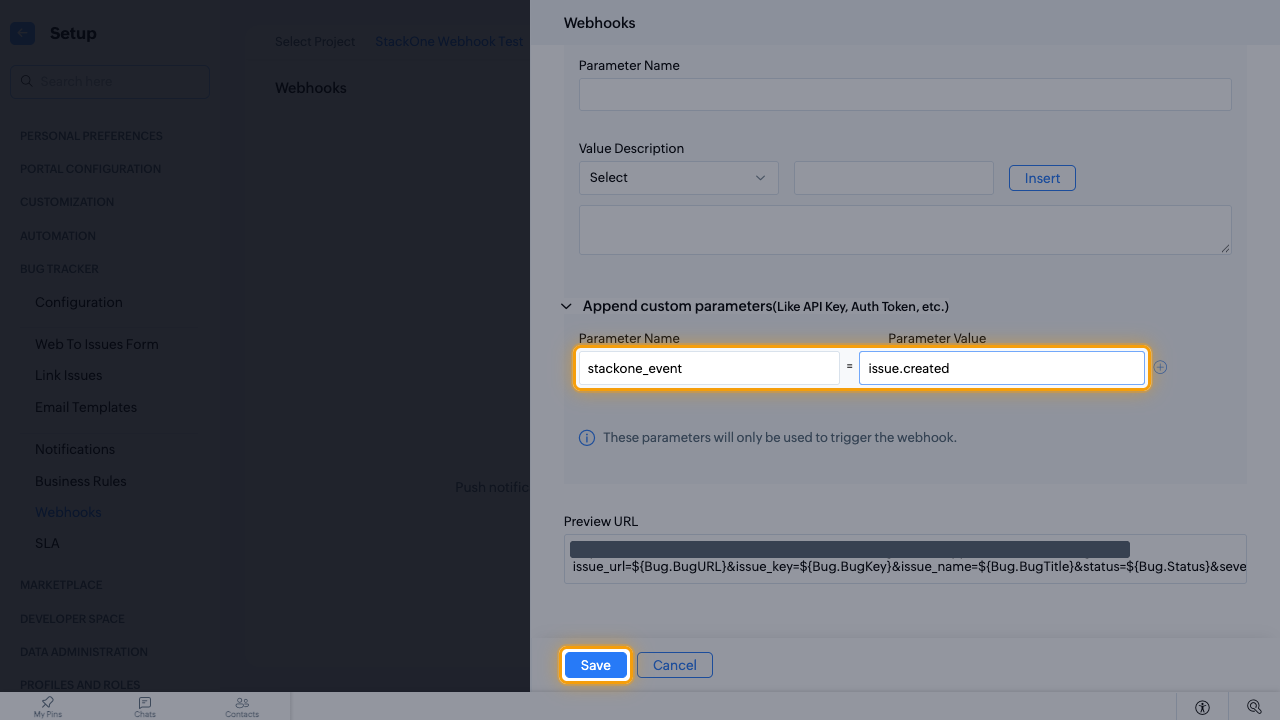 The stackone_event custom parameter and the Save button highlighted