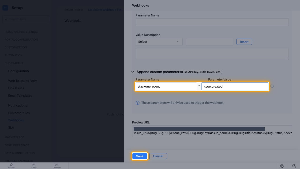 The stackone_event custom parameter and the Save button highlighted