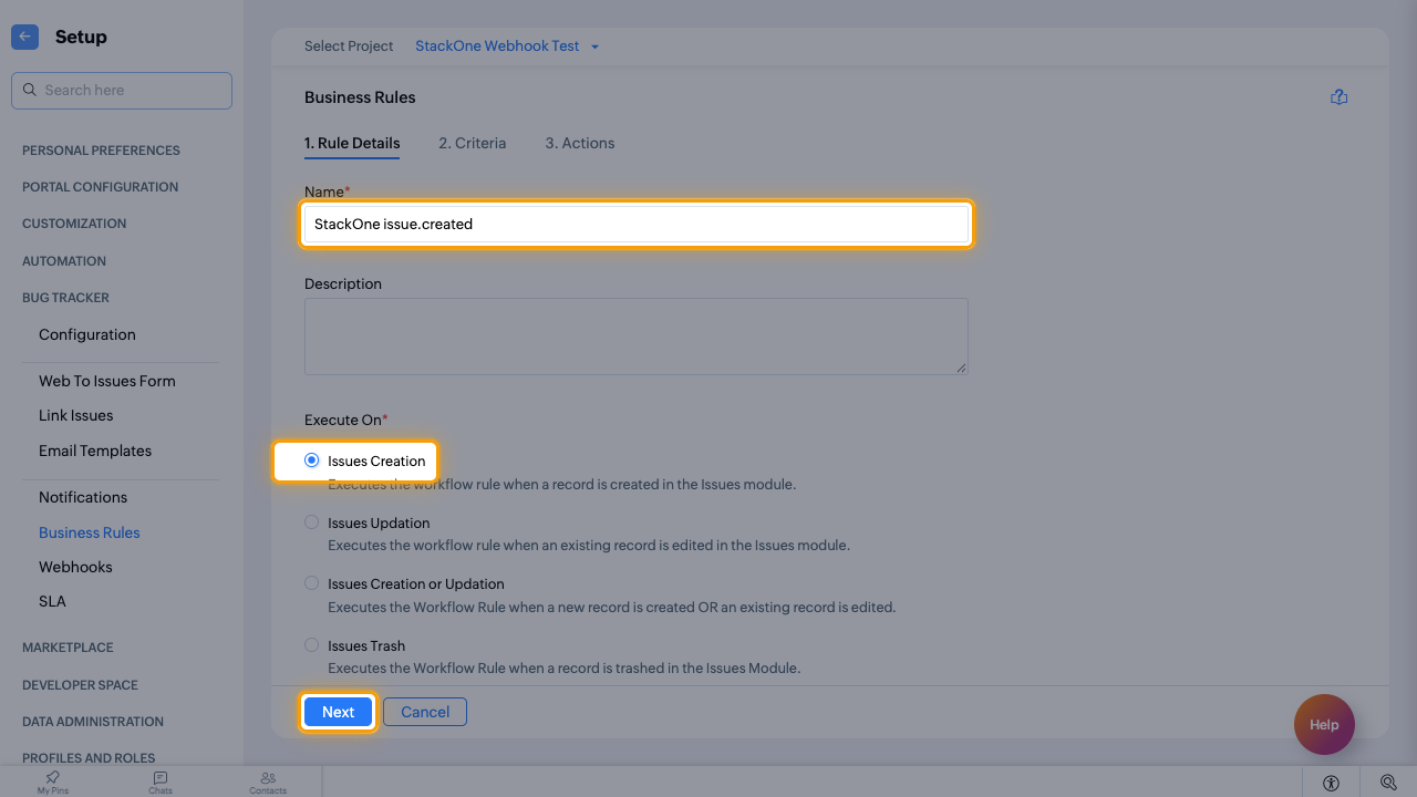 The rule name and the Issues Creation option highlighted