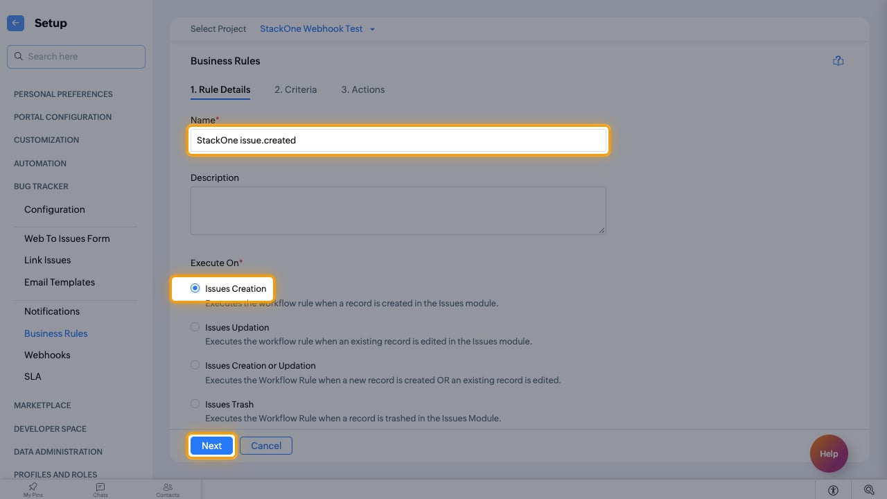 The rule name and the Issues Creation option highlighted