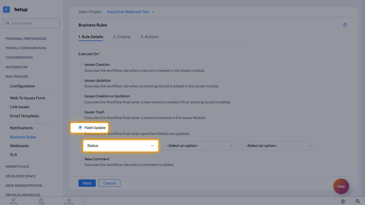 The Field Update option with Status selected as the field