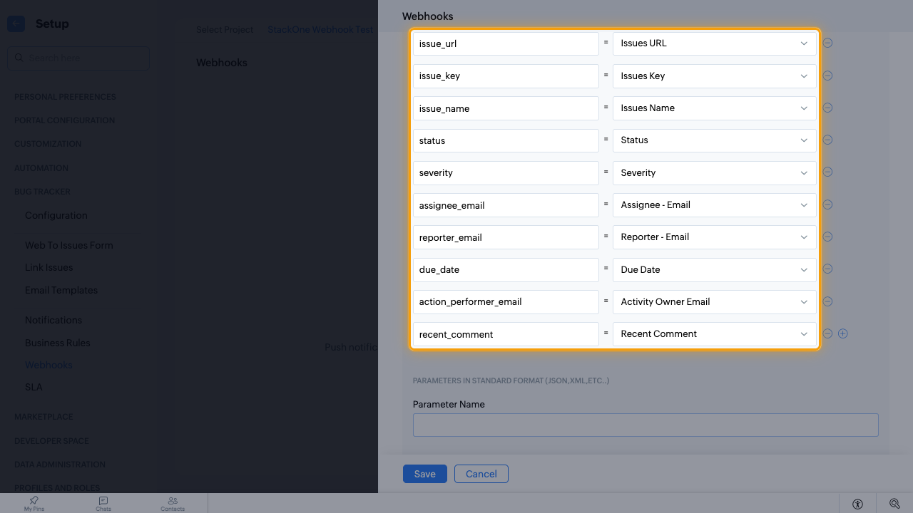 The ten standard issue parameters mapped to their Zoho fields