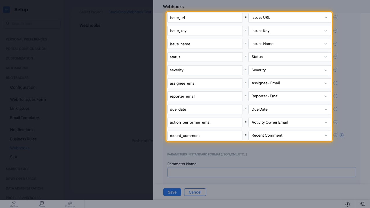 The ten standard issue parameters mapped to their Zoho fields