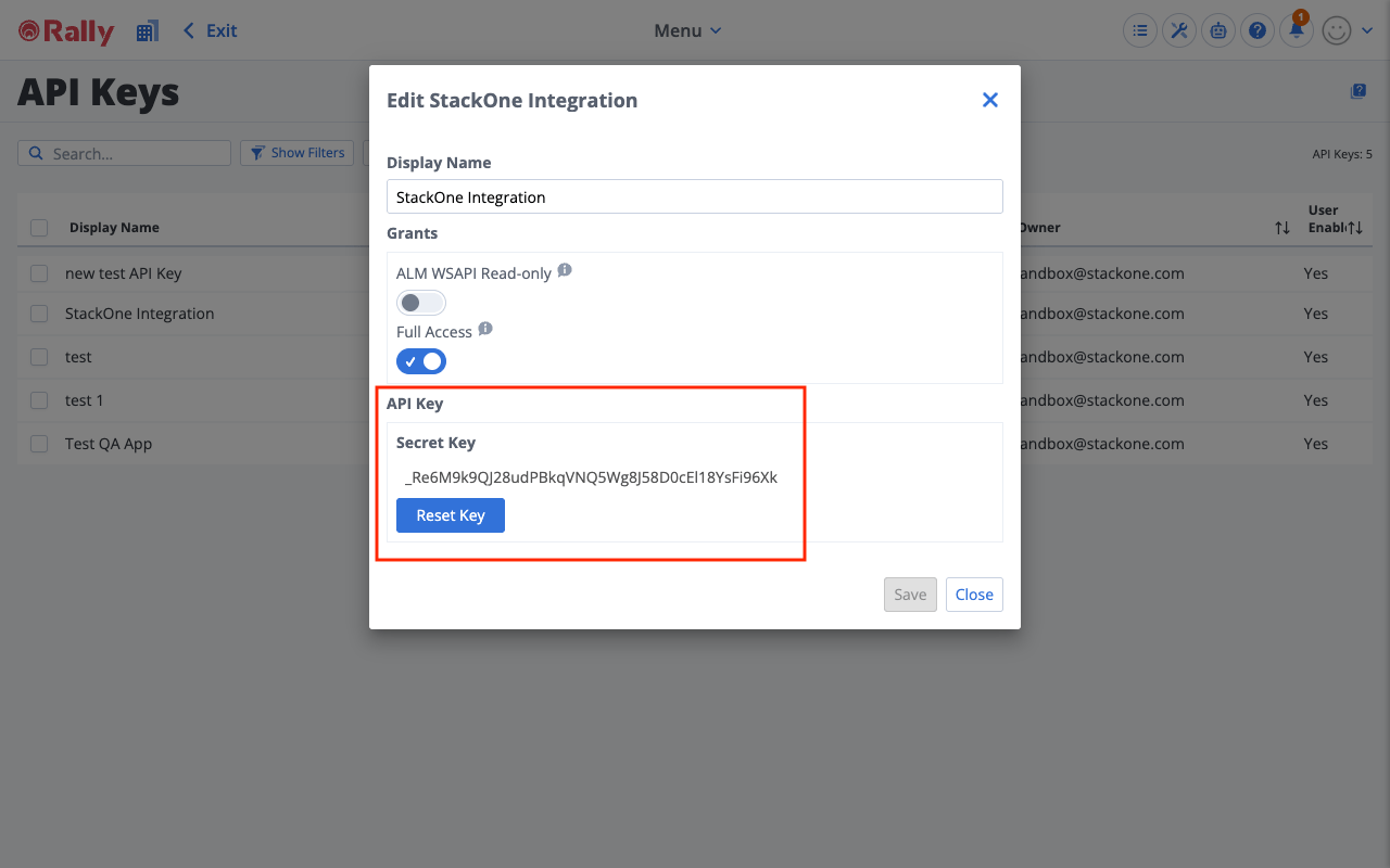 Edit API Key dialogue showing the generated Secret Key and Reset Key button